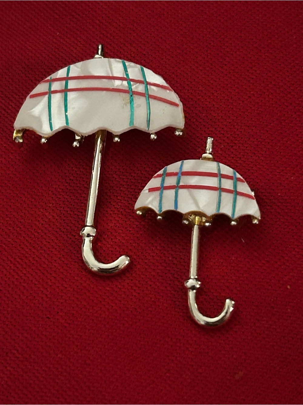 Vintage Mother of Pearl Umbrella Brooch set circa 1950s-60s Gold Tone Red/Green